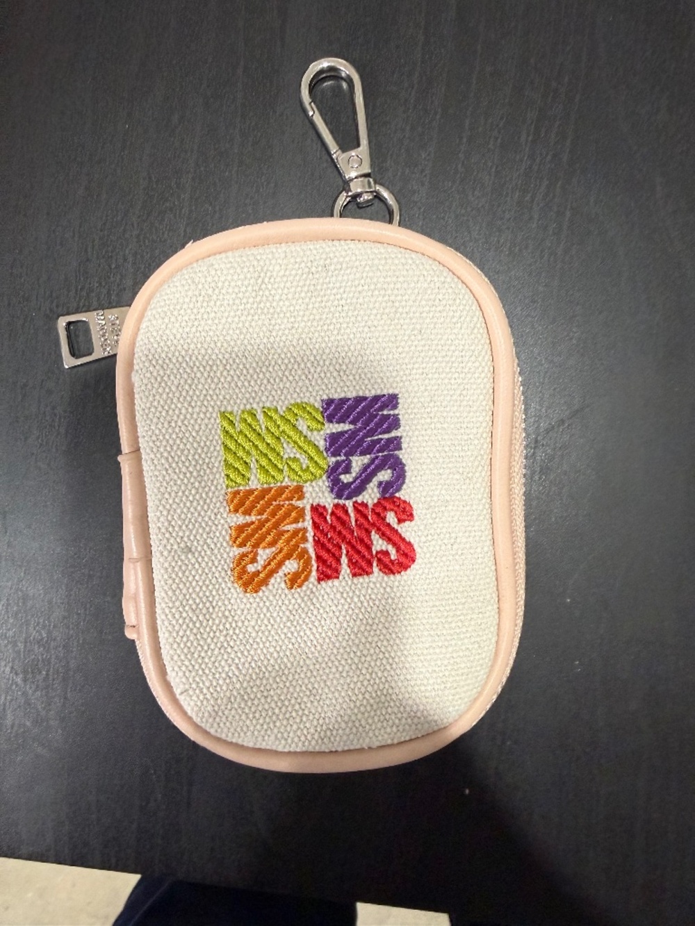 Steve Madden Mini Zip Pouch / Coin Purse with Clip — Canvas & Pink Trim